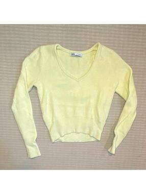 ZARA Women's Yellow Knit Pullover Sweater V-Neck Long Sleeve Size M